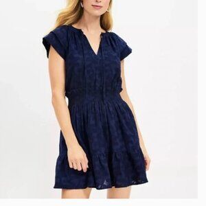 LOFT Beach Navy Smocked Tiered Tie Neck Dress Size M
